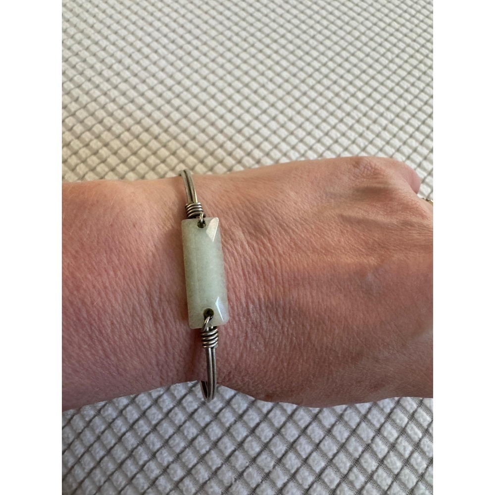 Silver Tone Bangle Bracelet with Pale Green Stone Center Wire Wrapped